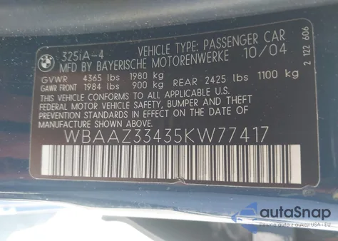 2005 BMW 325I из США, поврежденный, VIN WBAAZ33435KW77417